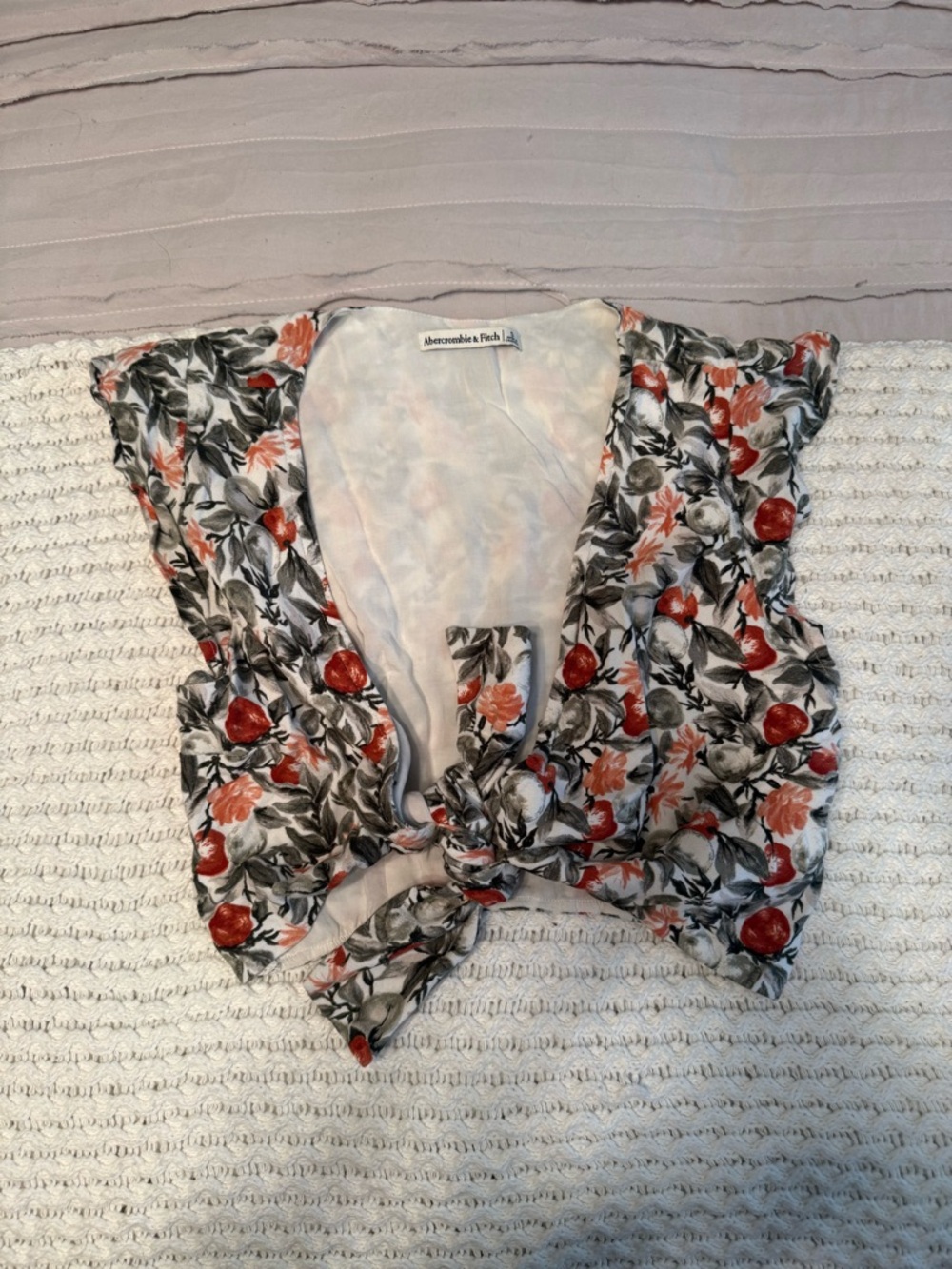 Abercrombie & Fitch Floral Tie-Front Top in Cream, Orange & Greens